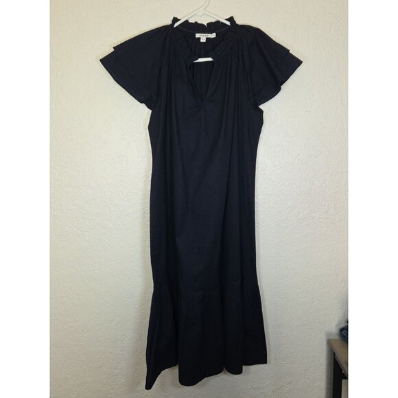Chico's Size 1 Medium Blue Tiered Flutter Sleeve Midi-Length Ruffle V-Neck - Picture 1 of 7